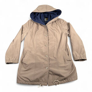 Vintage London Fog Coat Womens MEDIUM 12 Brown Blue Hooded Trench Drawstring 80s